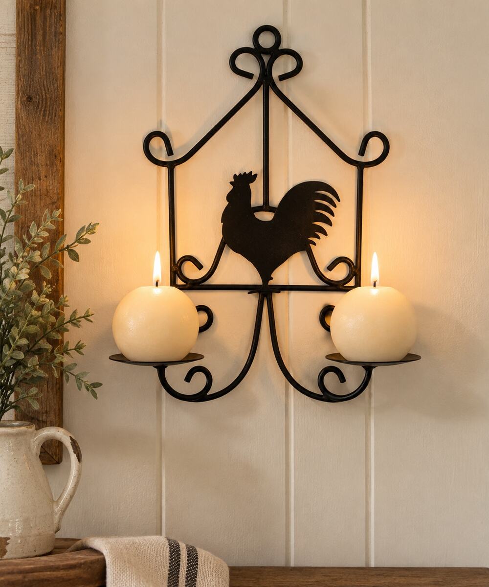 Rooster Metal Candle Holder Double Farmhouse Country Kitchen Decor 13 Inch